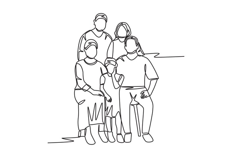 Vector family posing for photos family potrait concept oneline drawing