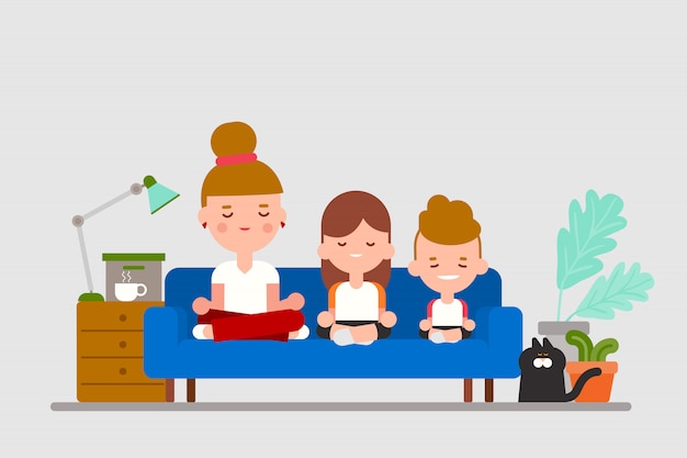 Family practice sitting meditation together on sofa. Flat design style cartoon illustration.