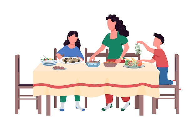 Family preparing feast semi flat color vector characters