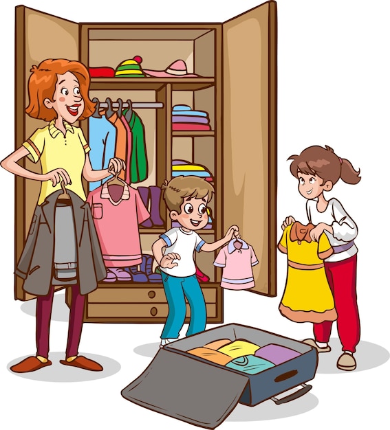 family preparing suitcases for vacation cartoon vector