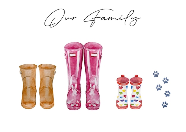 Family print concept with watercolor wellies boots for four Colorful rain boots collection