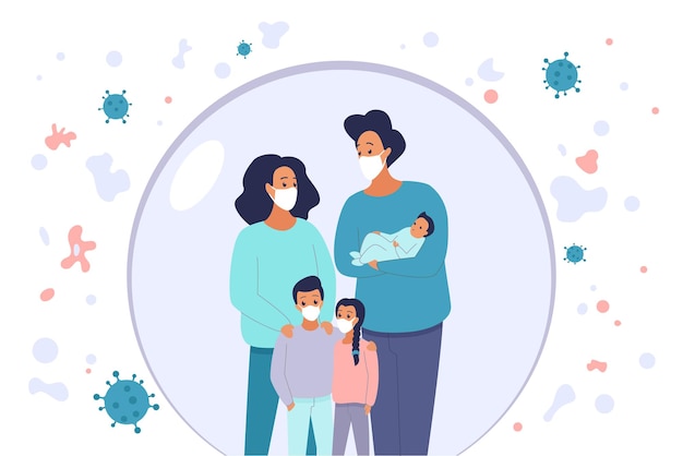 Family in protection bubble mom dad and children wearing medical mask to protect health