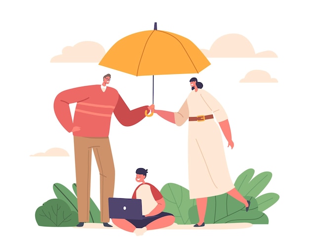 Family Protection Concept Parents Surround Child with Laptop Creating A Shield from Umbrella Safeguarding Their Little Son From Dangers Fostering Safe Environment Cartoon Vector Illustration