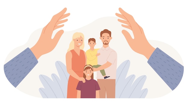 Vector family protection. hands protect parents and children. father, mother, daughter and son safe. family health care and support vector concept. kids and wife with husband hugging together