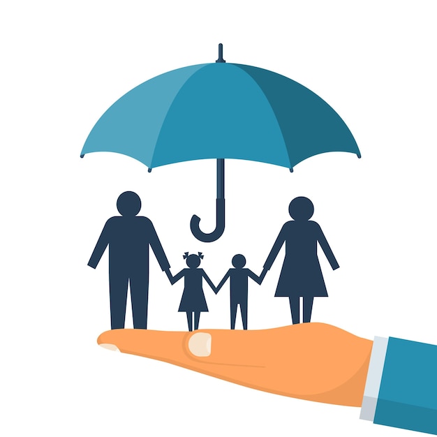 家族の保護。保険の概念。ベクトルイラストフラットデザイン。白い背景で隔離。ペーパーチェーンの人々。エージェントは傘の手を握って家族を守ります。ヘルスケア、安全。助ける。