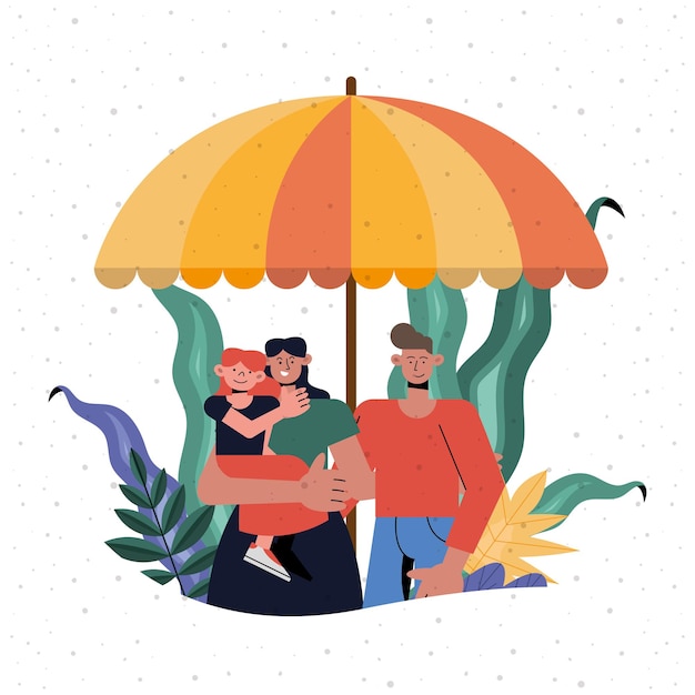 Family protection of mother father and daughter under umbrella design, insurance health care and security theme