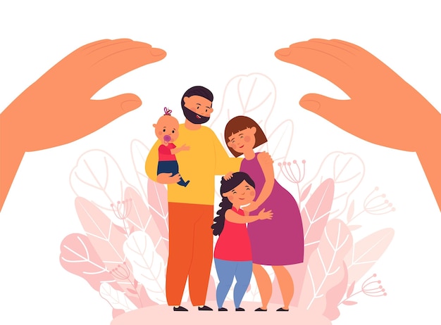 Family protection Protect people parents with children Financial or healthcare support metaphor Dad mom kids stand under giant hands decent vector scene