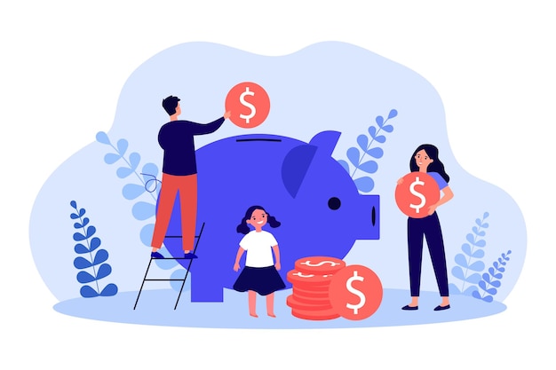 Vector family putting money coins in piggy bank. tiny father, mother and child investing in future flat vector illustration. family budget, savings concept for banner, website design or landing web page