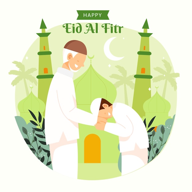 가족 라마단 카림 무바라크는 아버지와 아들과 함께 eid al fitr를 축하합니다.