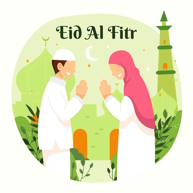 가족 라마단 카림 무바라크는 남자와 여자와 함께 Eid Al Fitr를 축하합니다.