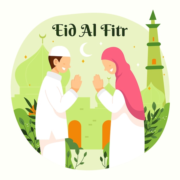 가족 라마단 카림 무바라크는 남자와 여자와 함께 eid al fitr를 축하합니다.