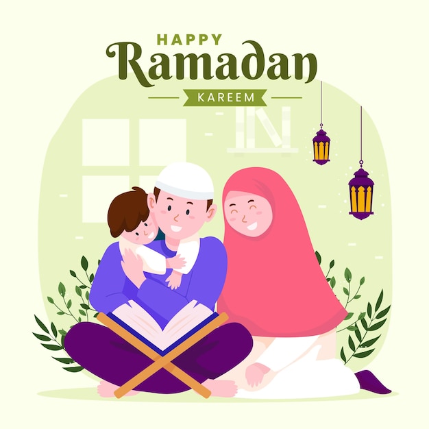 Famiglia ramadan kareem mubarak con genitori e figlio che leggono il corano durante il digiuno,