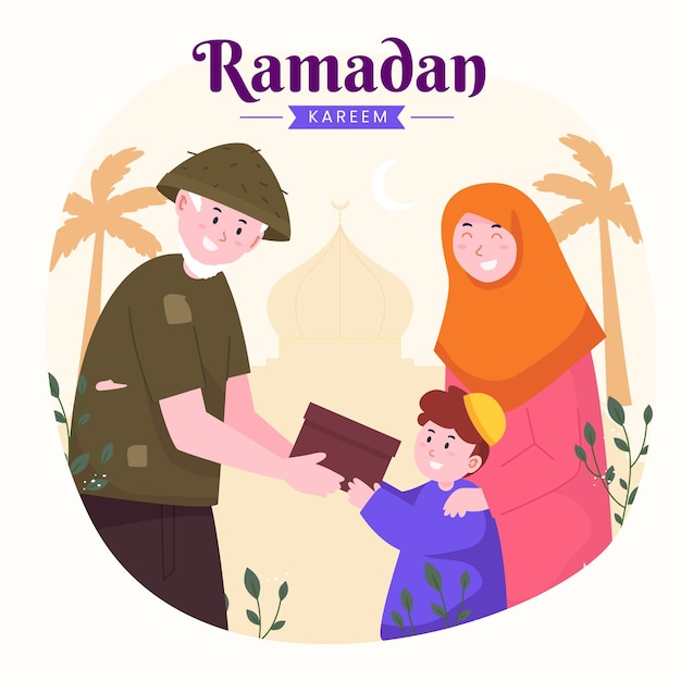 Family ramadan kareem mubarak with teaching son for giving food or gift to poor people,