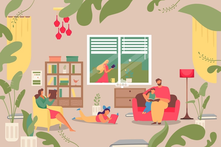Vector family reading book at home vector illustration cartoon woman man character together at house happy