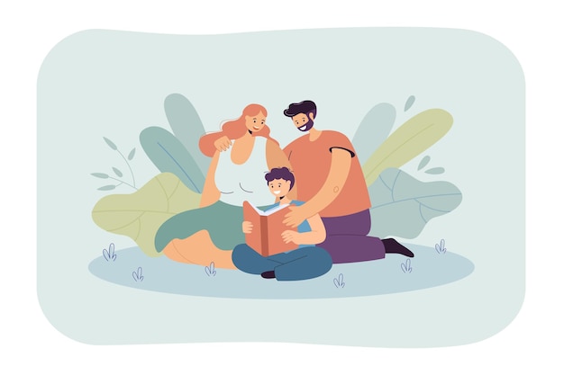 Family reading book together flat illustration