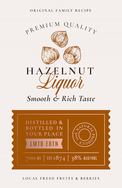 family recipe hazelnut liquor acohol label abstract vector packaging design layout modern typography banner with hand drawn nuts silhouette logo and background