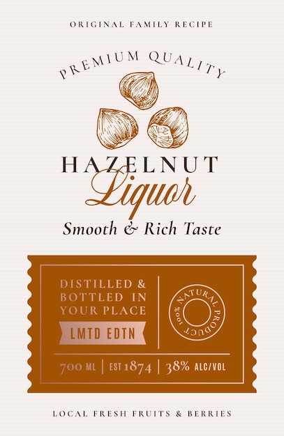 Family recipe hazelnut liquor acohol label abstract vector packaging design layout modern typography banner with hand drawn nuts silhouette logo and background