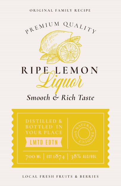 Family recipe lemons liquor acohol label abstract vector packaging design layout modern typography banner with hand drawn citrus silhouette logo and background