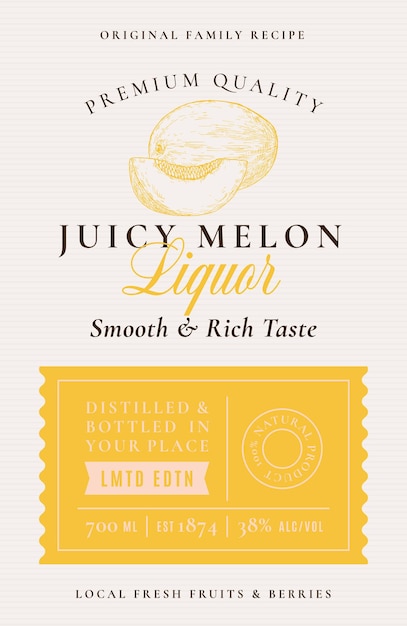 Vector family recipe melon liquor acohol label abstract vector packaging design layout modern typography banner with hand drawn whole melon and slice silhouette logo and background