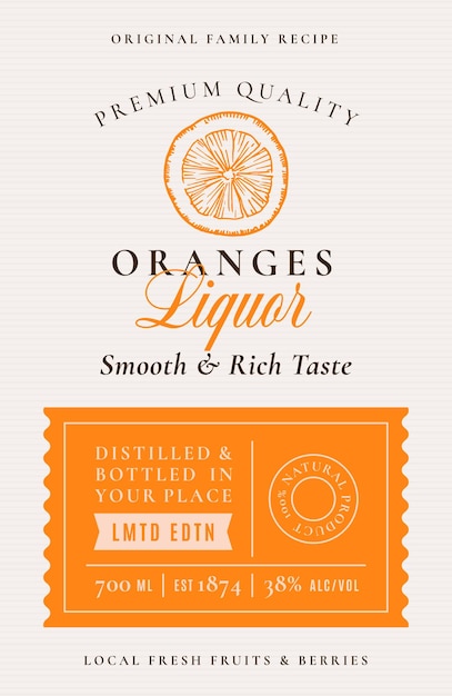 ベクトル 家族のレシピ オレンジ酒 acohol ラベル 抽象的なベクトル パッケージ デザイン レイアウト モダンなタイポグラフィ バナー手描きオレンジ シトラス シルエット ロゴと背景