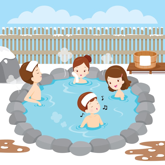 Famiglia rilassante nel bagno termale, giapponese onsen