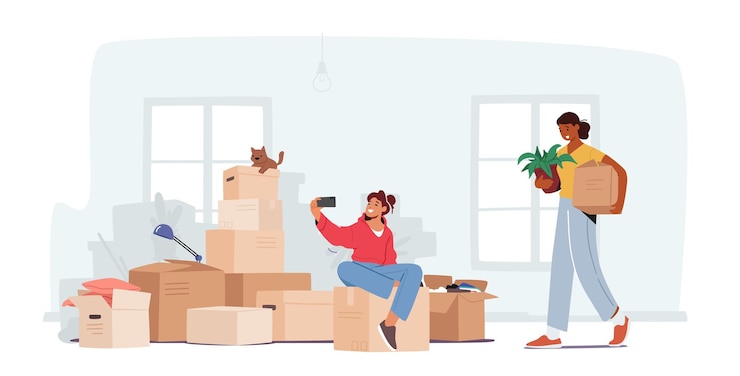 Vector family relocation in new house concept. happy girl teenager sitting on carton boxes making selfie, mother carry things and potted plant into wide light room. cartoon people vector illustration