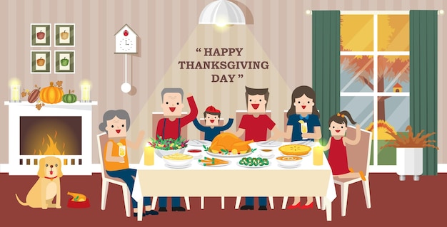 Воссоединение семьи сервировка обеденного стола на день благодарения дома с камином в столовой