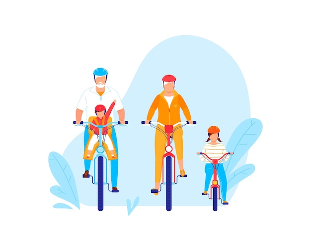 Family ride bicycle happy man woman child cycling in park vector illustration people together at fun activity lifestyle design