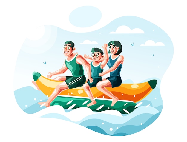 Family riding banana boat illustration vector