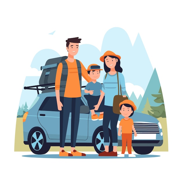 Vector family road trip smiling parents children car mountain backdrop cartoon illustration vacation