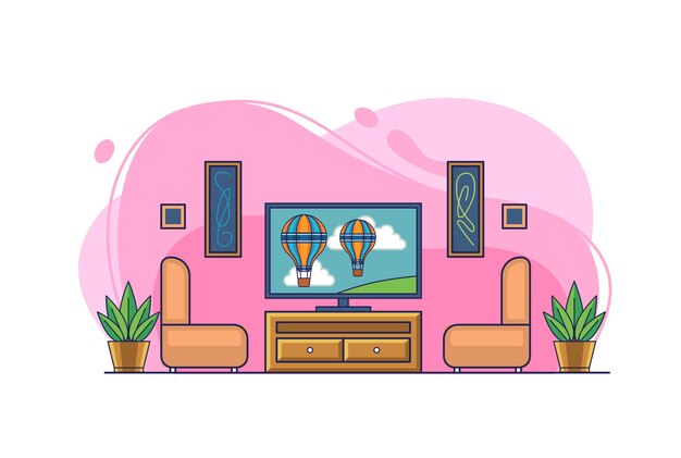 Vector family room with sofa, couch, picture, and television cute home interior illustration design