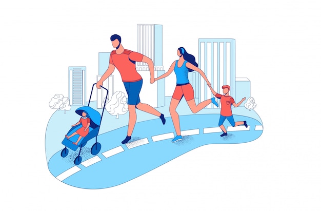 Famiglia che esegue la maratona insieme in città