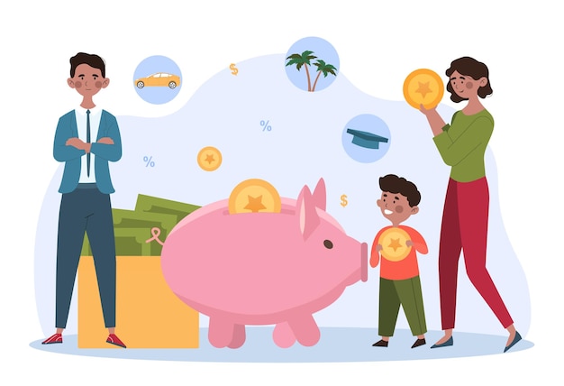 Vector family saving money concept a man a woman and a child throw coins into a large piggy bank save money