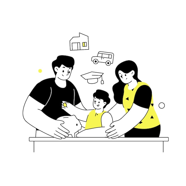 Family saving money for family investment hand drawn flat vector illustration for finance technology