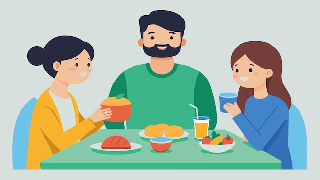 Vector a family sharing a meal together and the neurodivergent member explaining to their siblings how