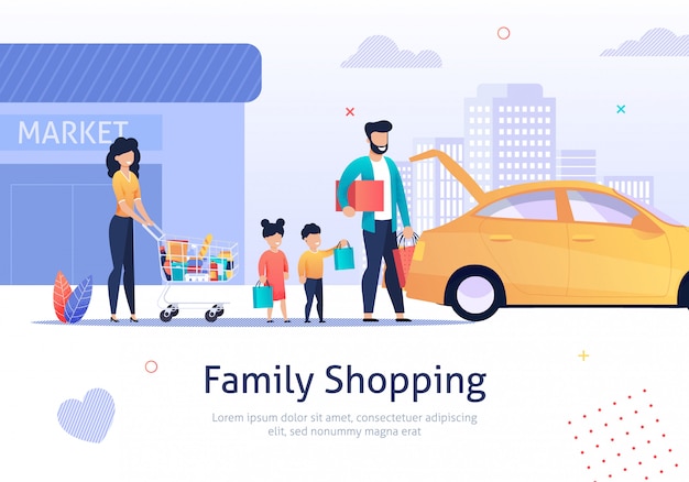 Family Shopping, Cart with Bags, Goods near Car.