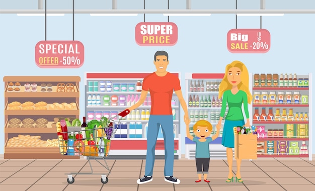 Vector family shopping characters set,