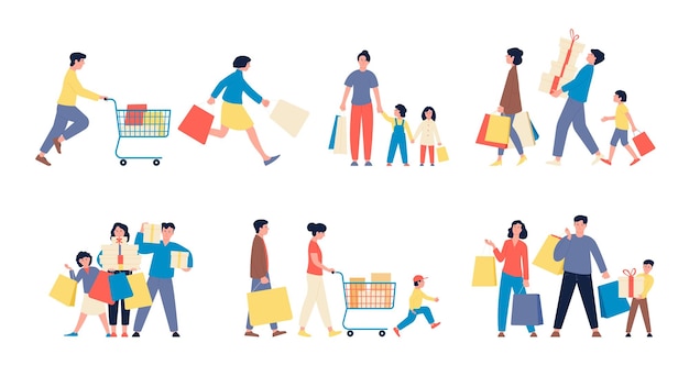 Family shopping Consumers parents with kids holding shop bags and boxes with gift Supermarket and boutuque fun customers cartoon flat recent vector characters