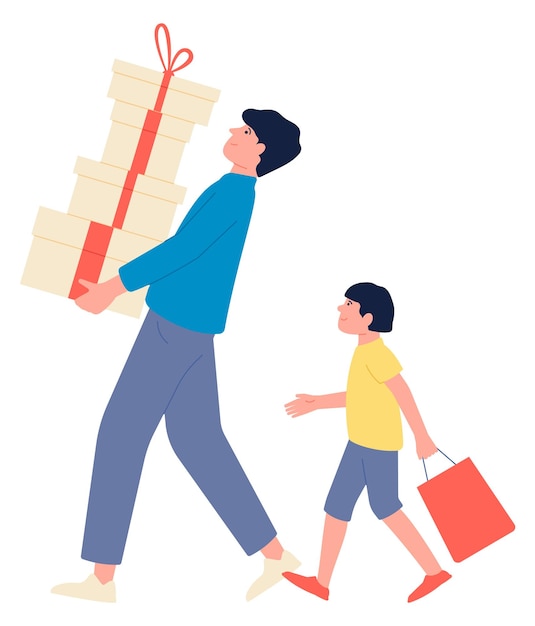 Vector family shopping father and son carry presents and paper bag