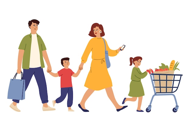 Famiglia sullo shopping. negozio di alimentari, uomo donna in supermercato con carrello. gente felice isolata con l'illustrazione di vettore del sacchetto del cibo e del carrello. famiglia in negozio con carrello pieno, uomo e donna con bambini