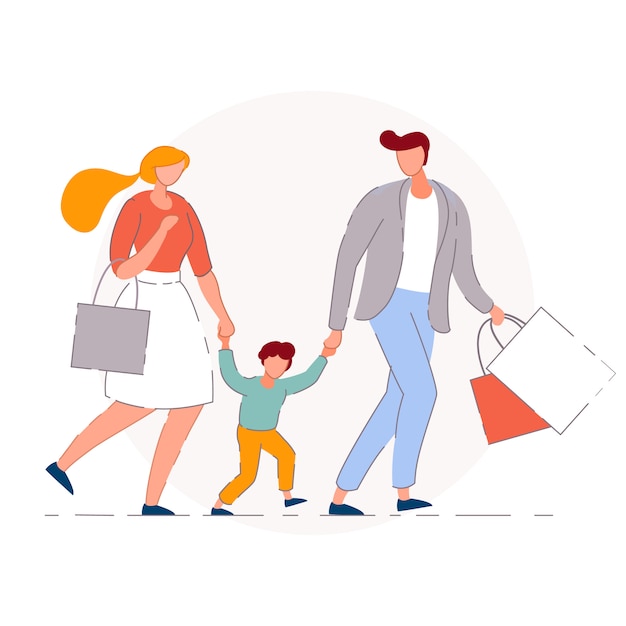 家族の買い物。母、父、息子の子供たちのバイヤーは、一緒に歩いて買い物袋を運ぶキャラクターを漫画します。小売店の販売と家族のショッピングのコンセプト
