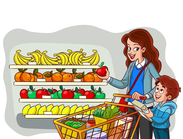 Family shopping.mother and son shopping for groceries.shopping for kitchen vector illustration.