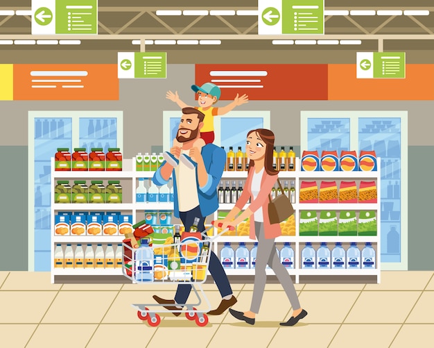 Family shopping in supermarket cartoon vector