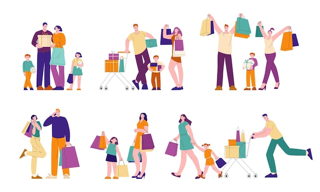 Vector family shopping with kids flat consumers in mall or grocery store with purchases supermarket sale kicky fun people with bags and boxes vector set illustration of family customers