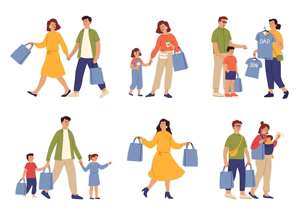 Family shopping. woman food bag, couple running to shop. mom carry bags, parents buying clothes to kids. customers in mall vector character. female and male, person buyer do shopping illustration