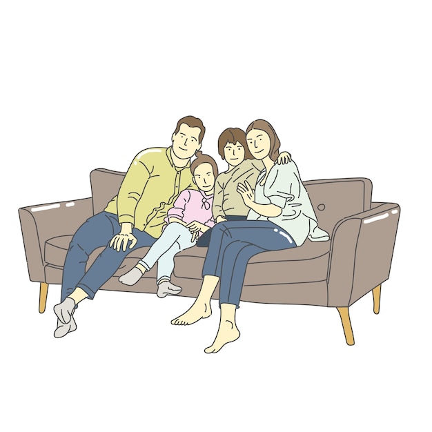 Family sit on sofa hugging each other