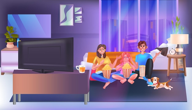 Family sitting on couch watching tv and eating popcorn happy parents and daughter spending time together living room interior horizontal vector illustration