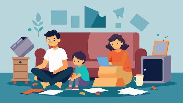 Vector a family sitting in a rundown living room surrounded by old furniture and appliances a stark reality