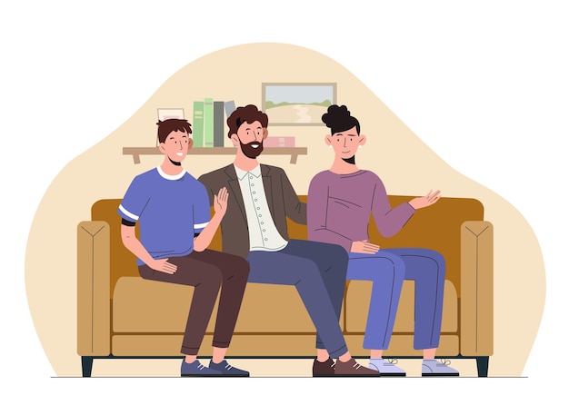 소파에 앉아있는 가족 개념 남자와 여자가 집에서 휴식을 취하고 부모와 아이가 텔레비전을 보고 있습니다.