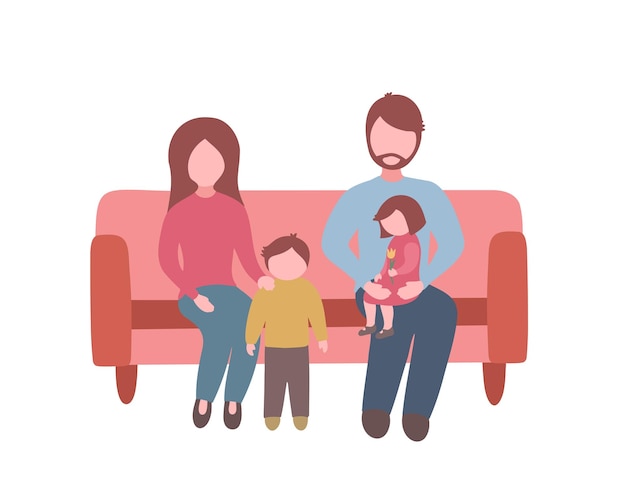 Family sitting on sofa spend free time weekends or evening at home or wait to visit a doctor Illustration for printing backgrounds greeting cards and posters Isolated on white background